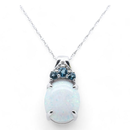 14K White Gold Created Oval Opal With London Blue Topaz Accents Pendant Necklace