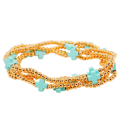 Teal Cross Gold Tone Bead Stack Bracelets