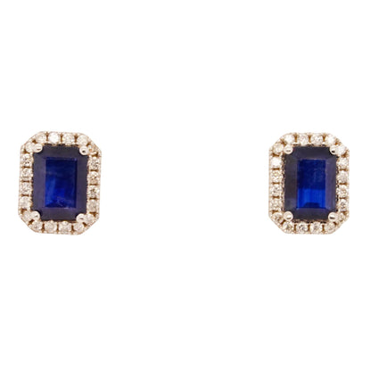 14K White Gold Emerald Shaped Blue Sapphire With Diamond Halo Stud Earrings