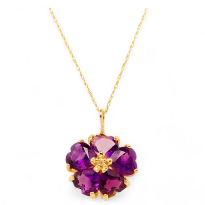 14K Gold Amethyst Heart Flower With Diamond Center Pendant Necklace