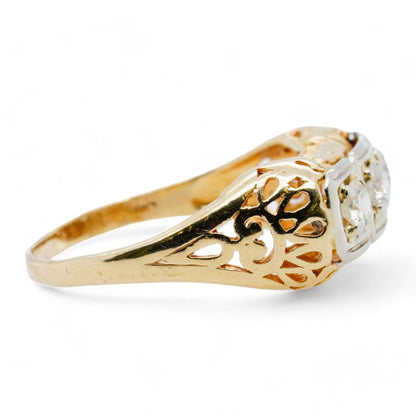 14K Two Tone Gold Ornate Three Diamond Raised Band