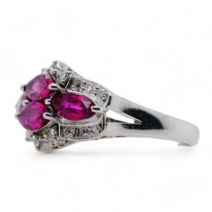 14K White Gold Marquise Cut Ruby Cocktail Ring Set East/West With Diamond Accent