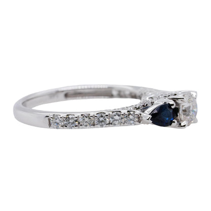 14K White Gold Round Center Diamond With Sapphire Side Stones Engagement Ring