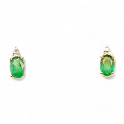 10K Gold Oval Emerald And Diamond Stud Earrings