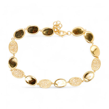 14K Gold Organic Oval Disc Link With Pave Accents Bracelet