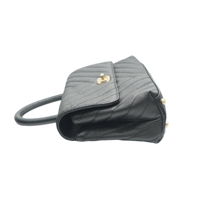 Black Chevron Quilted Coco Top Handle Bag in Caviar Leather