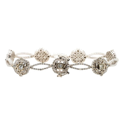 14K White Gold Princess And Round Diamond Cluster Line Bracelet