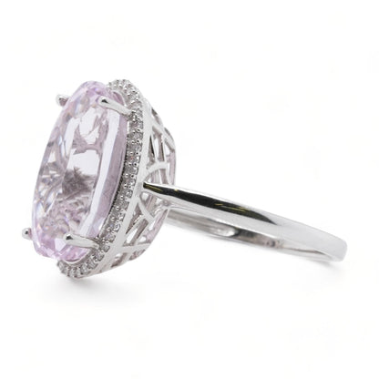 14K White Gold Oval Kunzite With Diamond Halo Ring