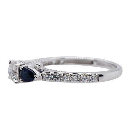 14K White Gold Round Center Diamond With Sapphire Side Stones Engagement Ring