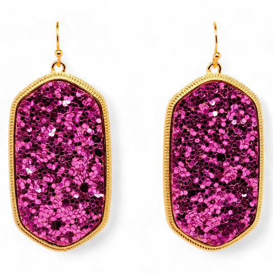 Gold Tone Hexagon Purple Glitter Drop Earrings