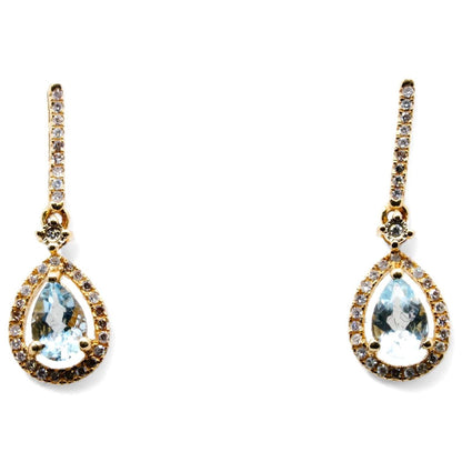 14K Gold Pear Shaped Aquamarine With Diamond Accents Dangle Earrings