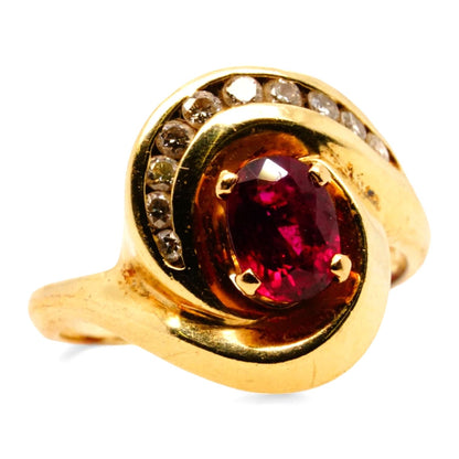 14K Gold Oval Maroon Stone With Diamond Accents Bypass Band