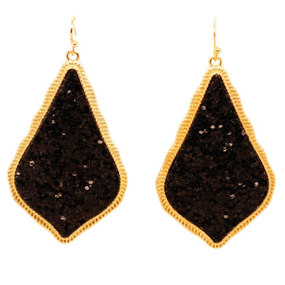 Gold Tone Teardrop Black Glitter Drop Earrings