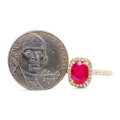 14K Gold Oval Ruby With Diamond Halo And Accents Band