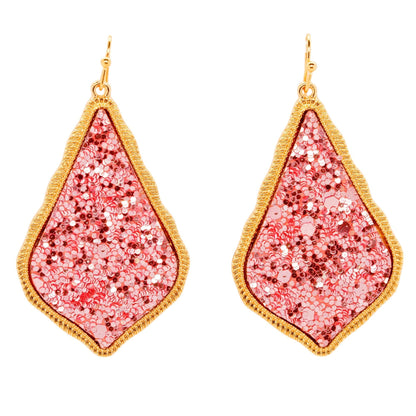 Gold Tone Teardrop Pink Glitter Drop Earrings