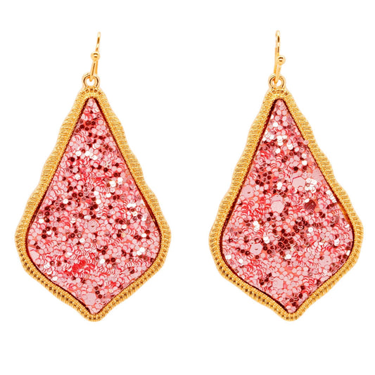 Gold Tone Teardrop Pink Glitter Drop Earrings