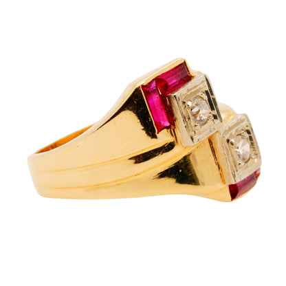 14K Gold Round Diamond And Ruby Baguette Band