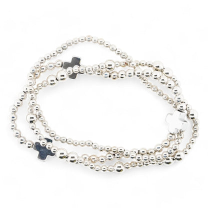 Silver Tone Ball Bead With Crosses Stack Bracelets