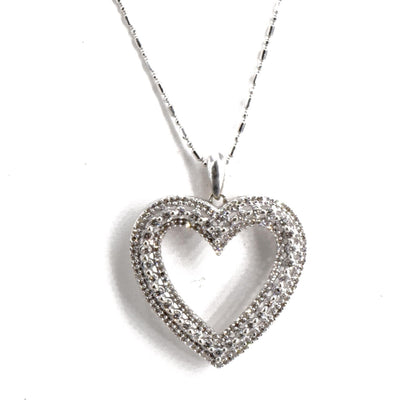 10K White Gold Diamond Heart Pendant Beaded Chain Necklace