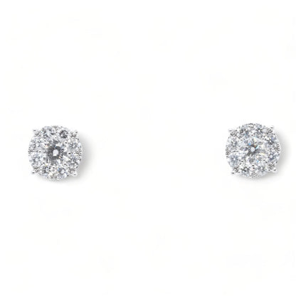 18K White Gold Round Diamond Center With Halo Stud Earrings