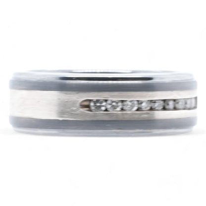 Tungsten With Silver Center Band With Row Of Round Diamonds