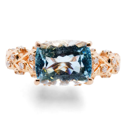 14K Rose Gold Ornate Set Rectangular Blue Stone With Diamond Accents Ring