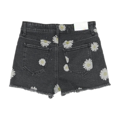 Black Floral Denim Shorts