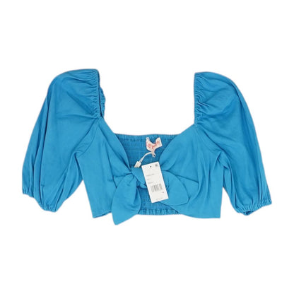 Blue Solid Cropped Knit Top