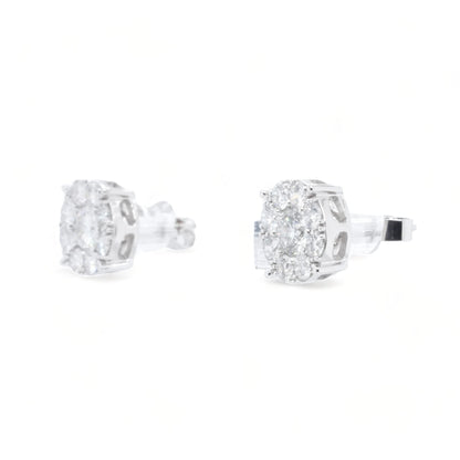 18K White Gold Round Diamond Center With Halo Stud Earrings