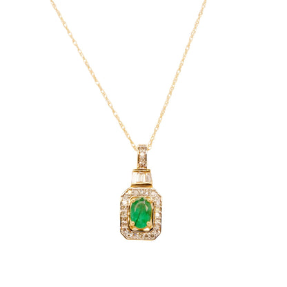 14K Gold Oval Emerald With Diamond Halo Pendant Necklace