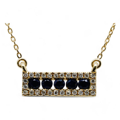 14K Gold Round Blue Sapphires With Diamond Halo Bar Pendant Necklace