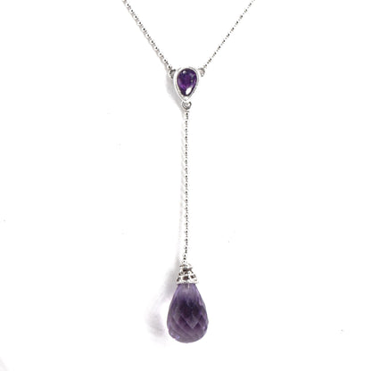 14K White Gold Pear And Briolette Cut Purple Stones Beaded Lariat Chain Necklace