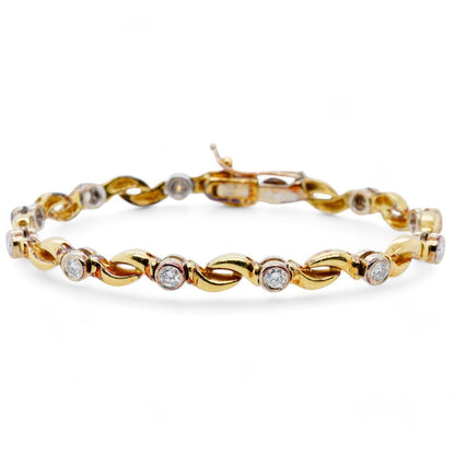 18K Two Tone Gold Twist Link Bracelet With Bezel Set Round Diamonds