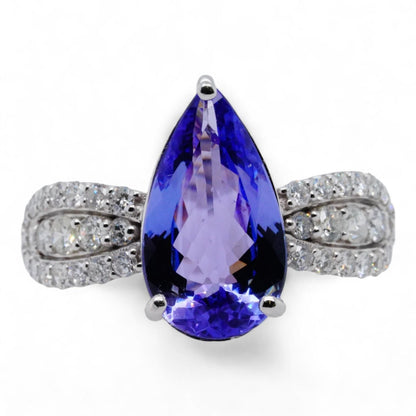 14K White Gold Pear Shaped Tanzanite With Round Diamond Accents Ring