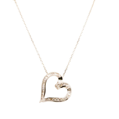 14K White Gold Round And Baguette Bezel Set Diamond Heart Pendant Necklace