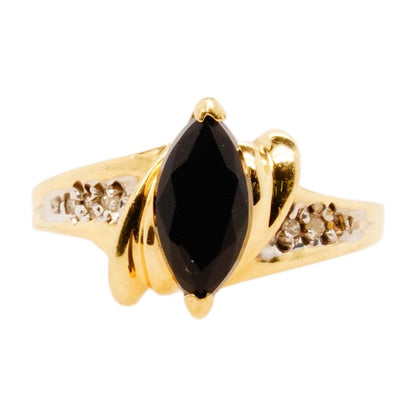 10K Gold Marquise Black Stone Cocktail Ring With Diamond Accents