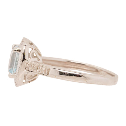 14K White Gold Cushion Cut Aquamarine With Diamond Halo And Accents Ring