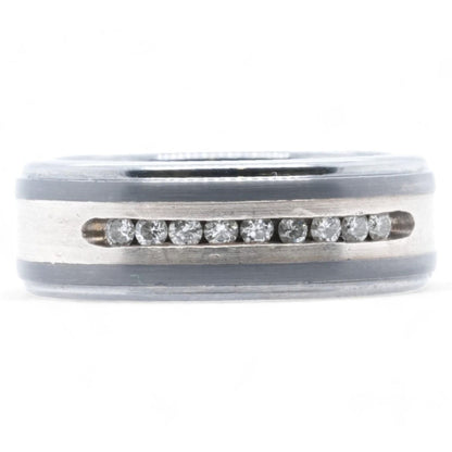 Tungsten With Silver Center Band With Row Of Round Diamonds