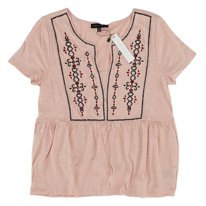 Peach Embroidered Detail Short Sleeve Blouse