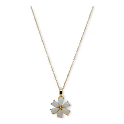 14K Gold Flower Opal Pendant Necklace With Diamond Center