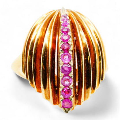 18K Gold Vintage Shield Shaped Ring with Ruby Accents Size - 6.5