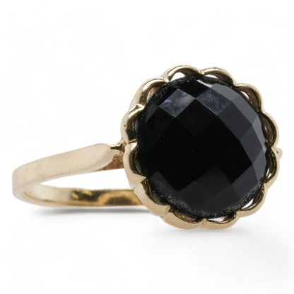 14K Gold Faceted Black Stone Ring