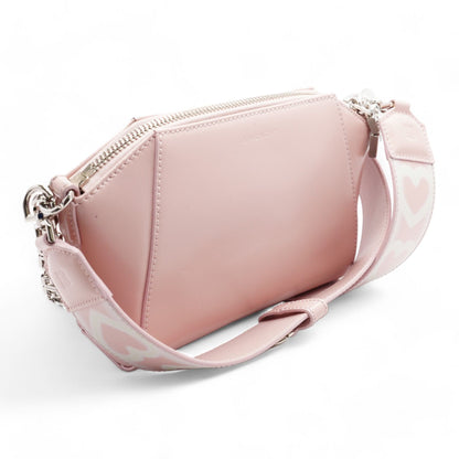 XS Antigona Bag in Leather with Tag Effect Heart Print and Chain in Pink