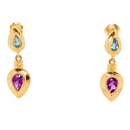 14K Gold Pear Shaped Blue Topaz And Amethyst Dangle Earrings