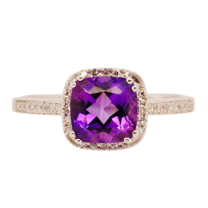 14K White Gold Cushion Shape Amethyst With Diamond Halo Ring