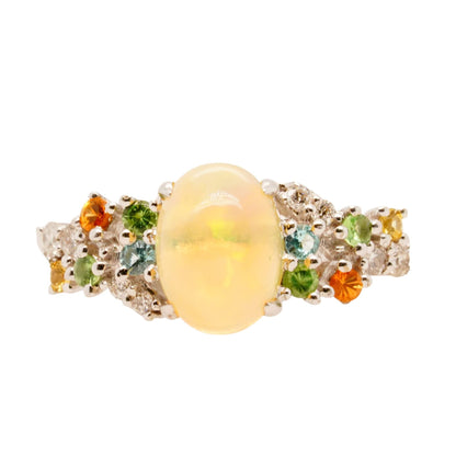 18K White Gold Oval Fire Opal With Precious Gemstones Accent l Ring