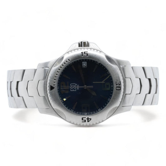 Men's Silver Tone With Blue Dial Rotating Bezel Stainless Steel Watch