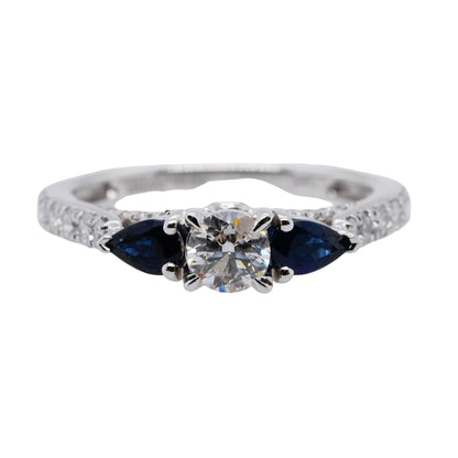 14K White Gold Round Center Diamond With Sapphire Side Stones Engagement Ring