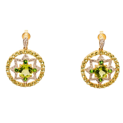 14K Gold Multicolor Green Stone And Diamonds Drop Earrings