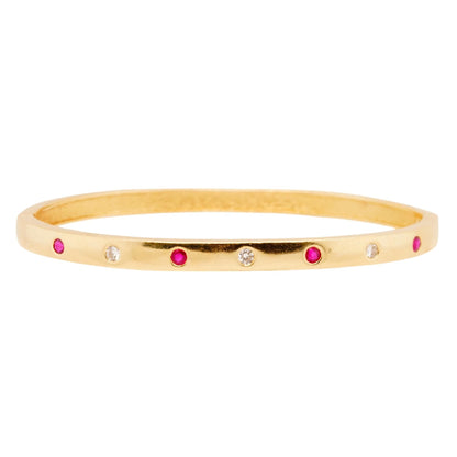 14K Gold Round Red Stone And Diamonds Bangle Bracelet